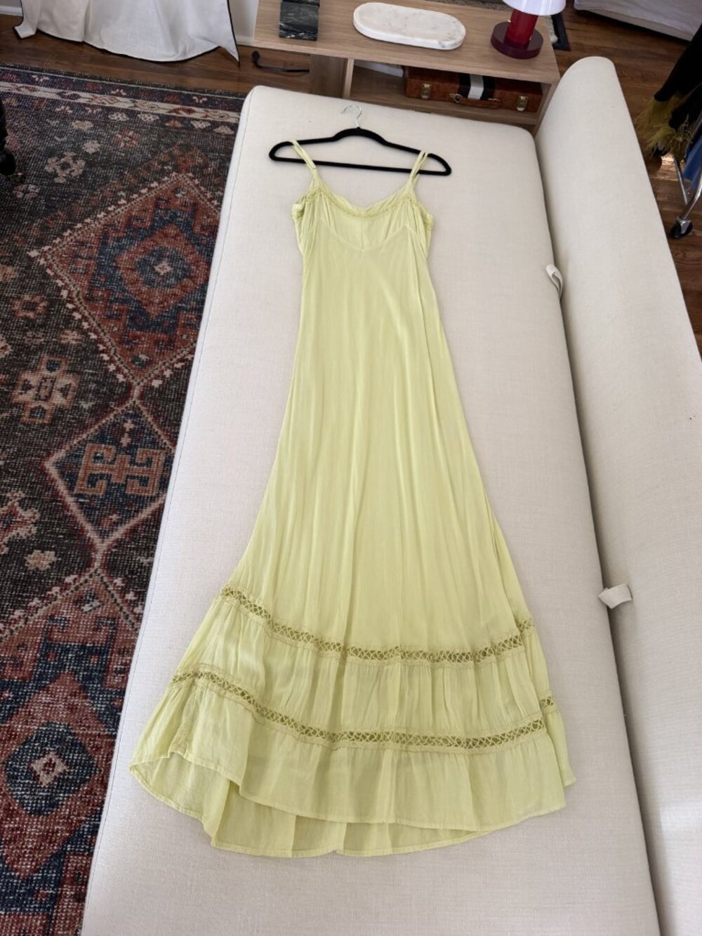 Jen's Pirate Booty Lime Yellow Lace Trim Maxi Dress Tiered Boho S